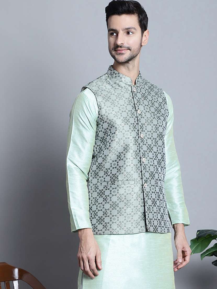 green self design nehru jacket - 20755512 -  Standard Image - 1