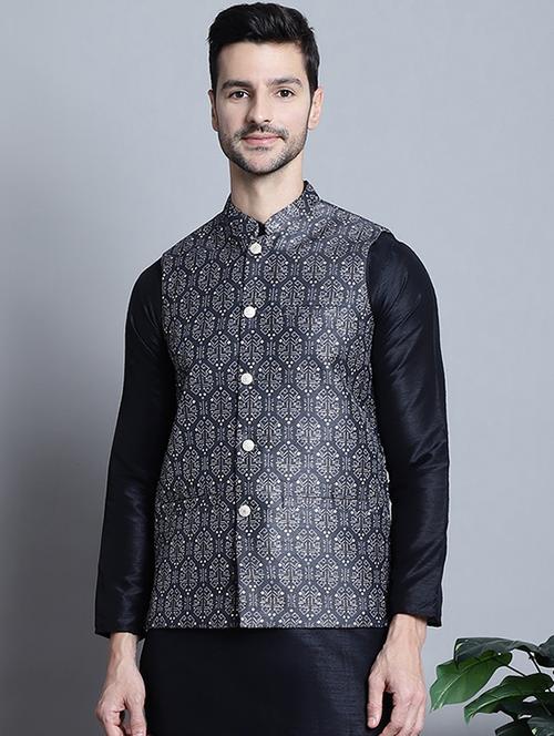 charcoal silk nehru jacket - 20755514 - Standard Image - 0