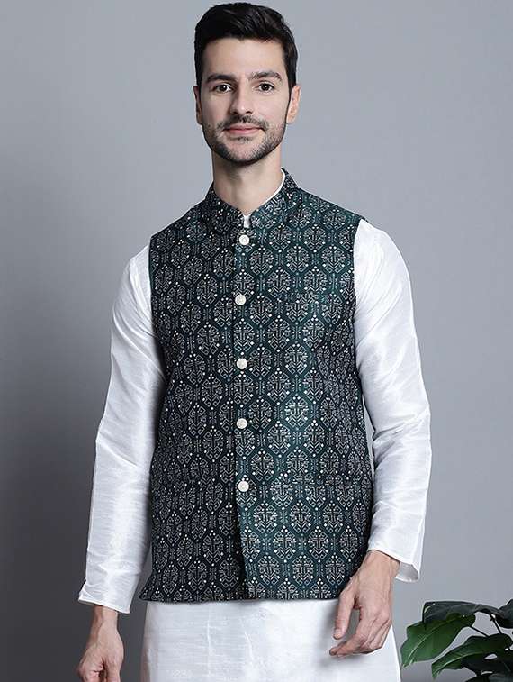 bottle green self design nehru jacket