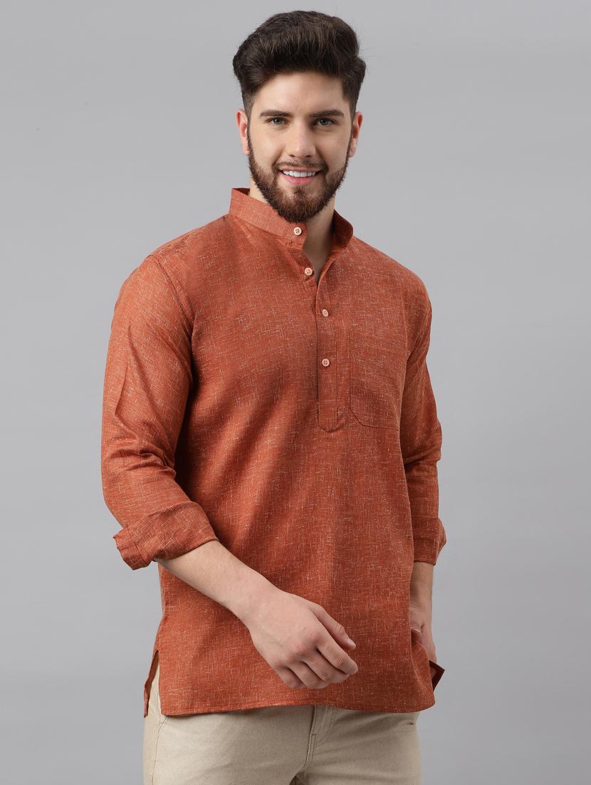 solid brown mandarin collar short kurta - 20755932 - Standard Image - 1