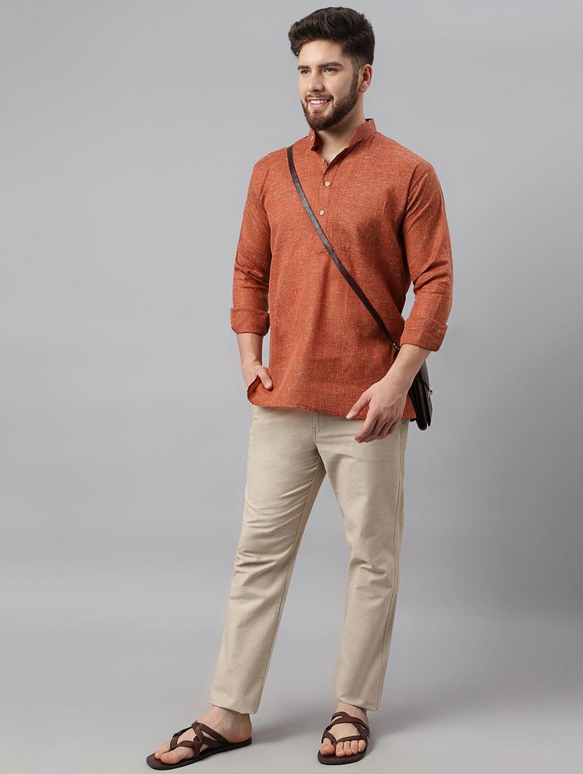 solid brown mandarin collar short kurta - 20755932 - Standard Image - 4