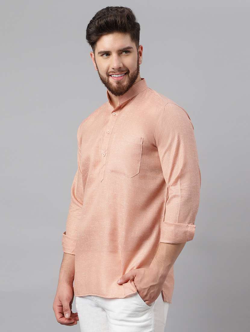 solid orange mandarin collar short kurta - 20755937 - Standard Image - 1