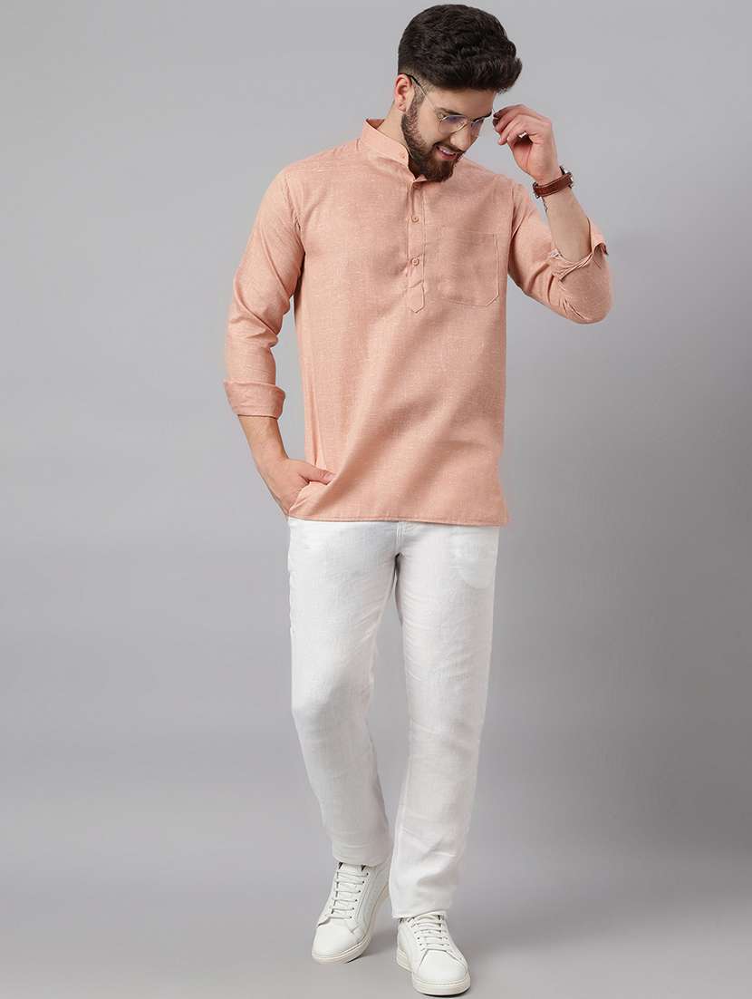 solid orange mandarin collar short kurta - 20755937 - Standard Image - 4