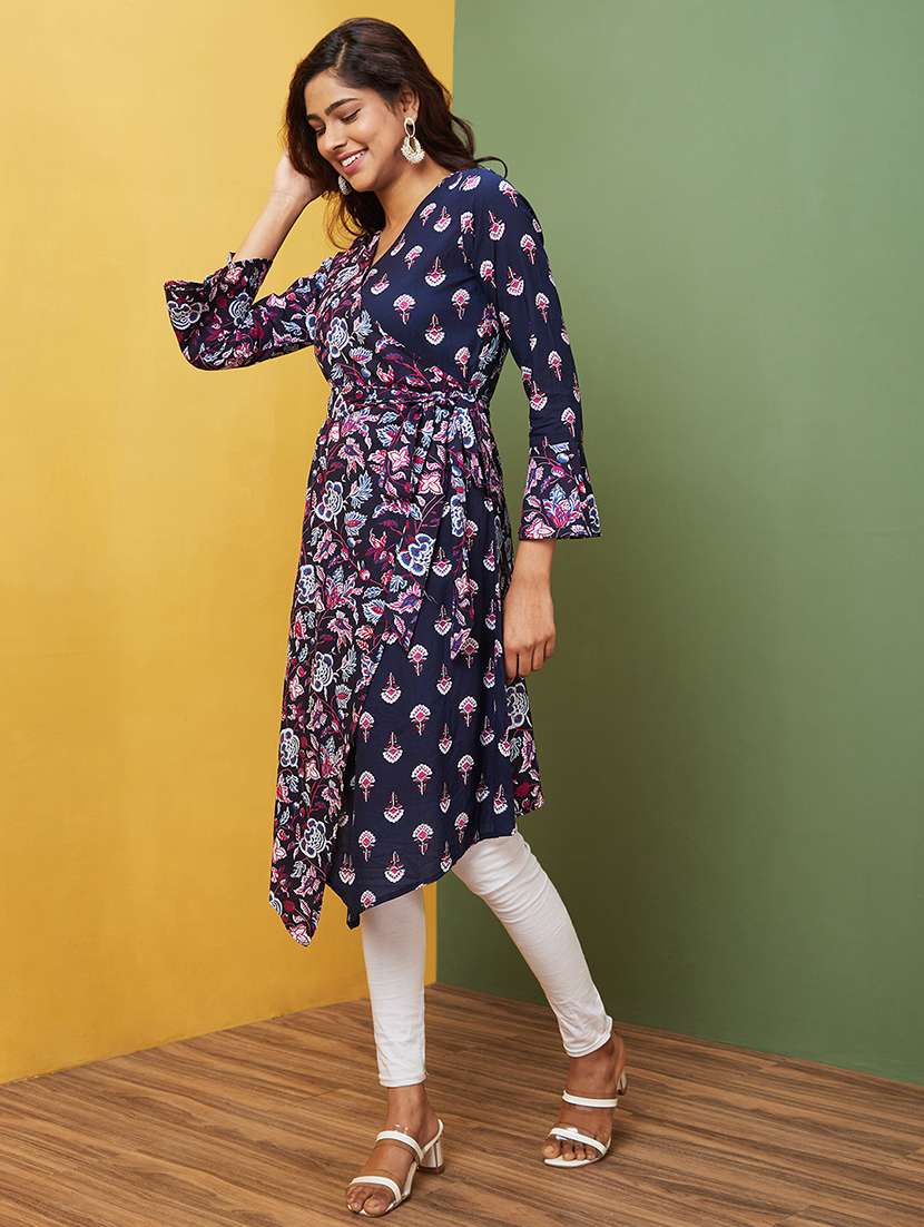 navy blue floral printed a-line kurta - 20755940 -  Standard Image - 1