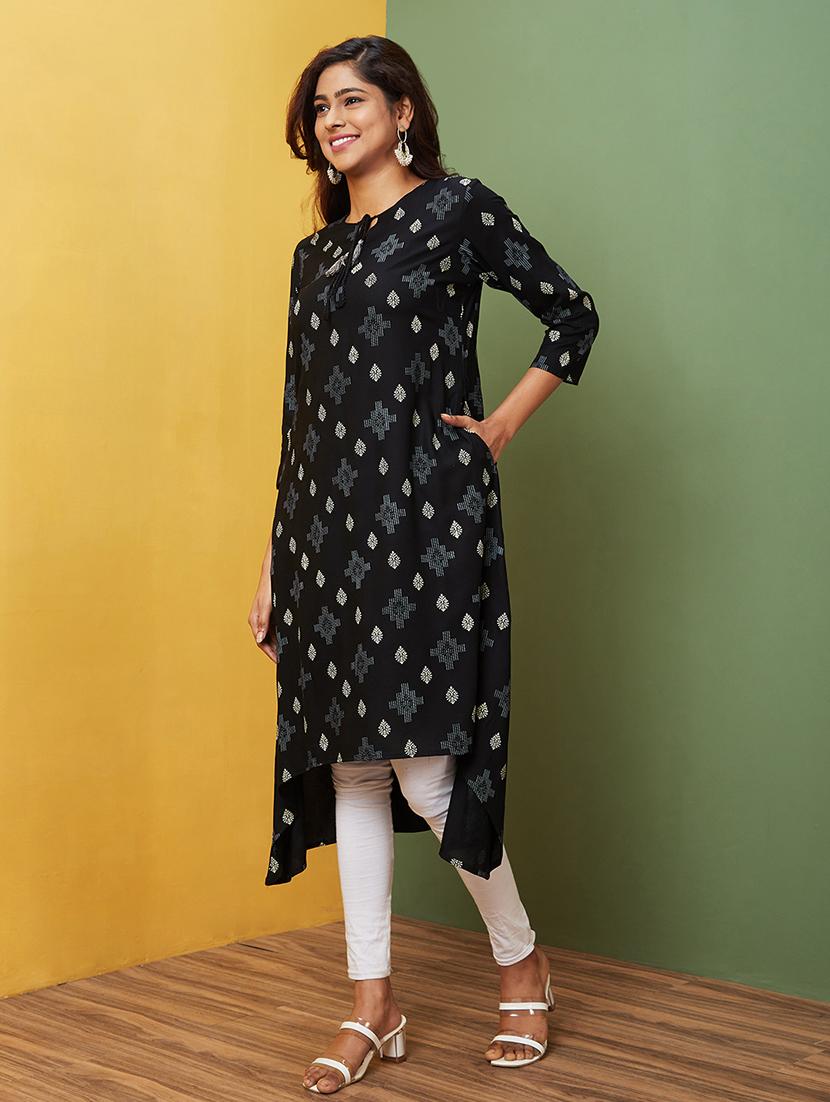 black ethnic motif a-line kurta - 20755944 -  Standard Image - 1