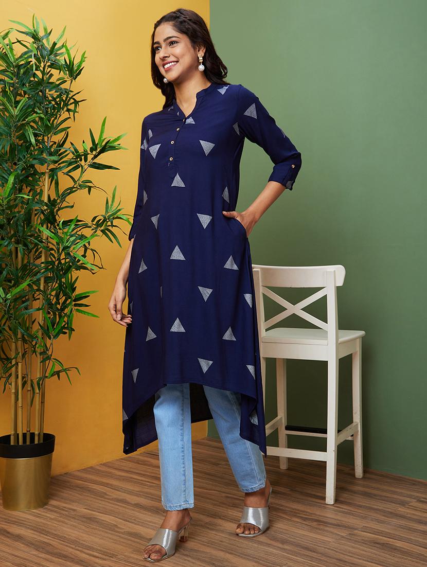 blue geometric printed a-line kurta - 20755946 -  Standard Image - 1