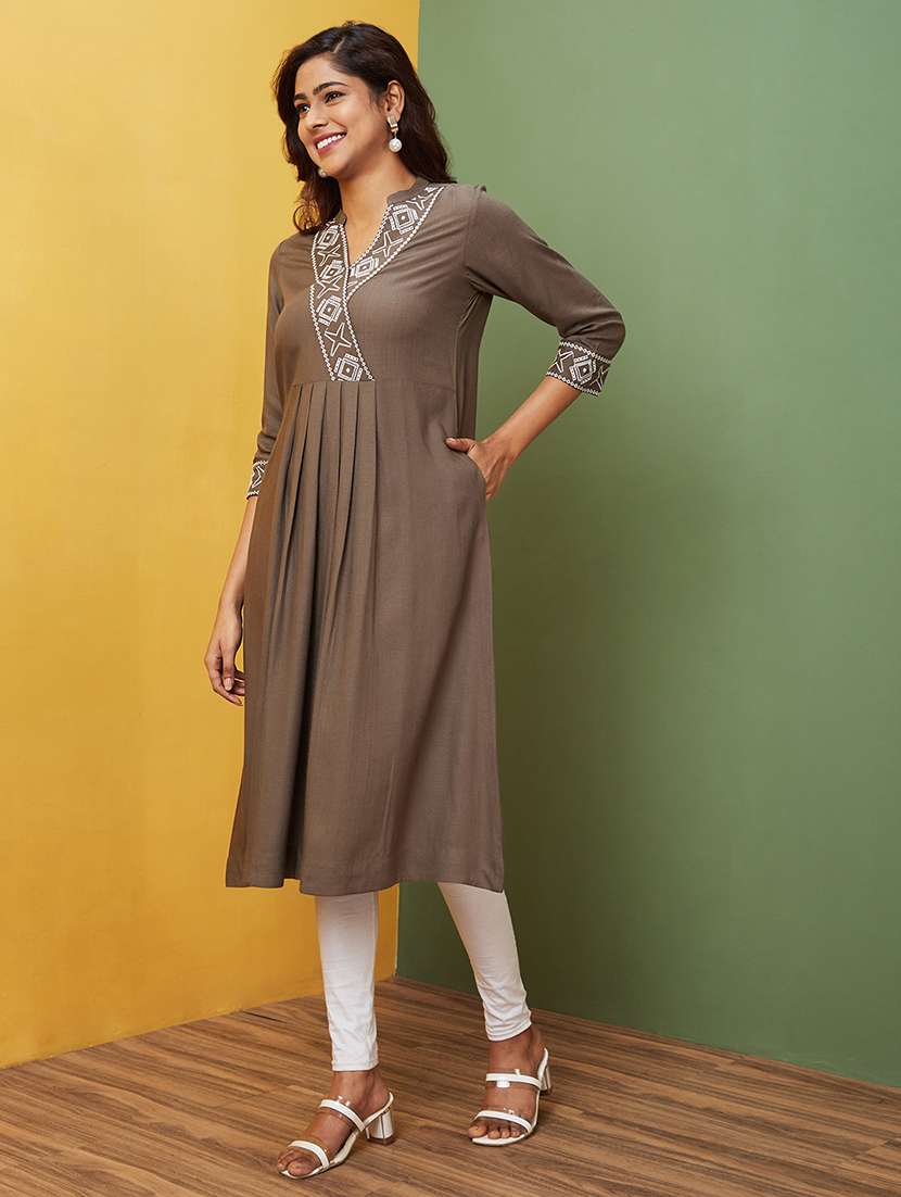 taupe embroidered a-line kurta - 20755949 -  Standard Image - 1