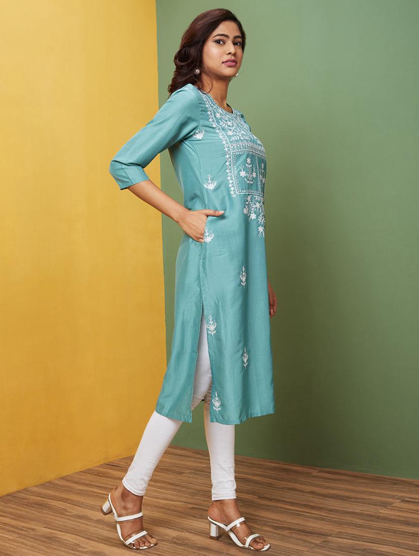 light blue embroidered straight kurta - 20755954 - Standard Image - 1