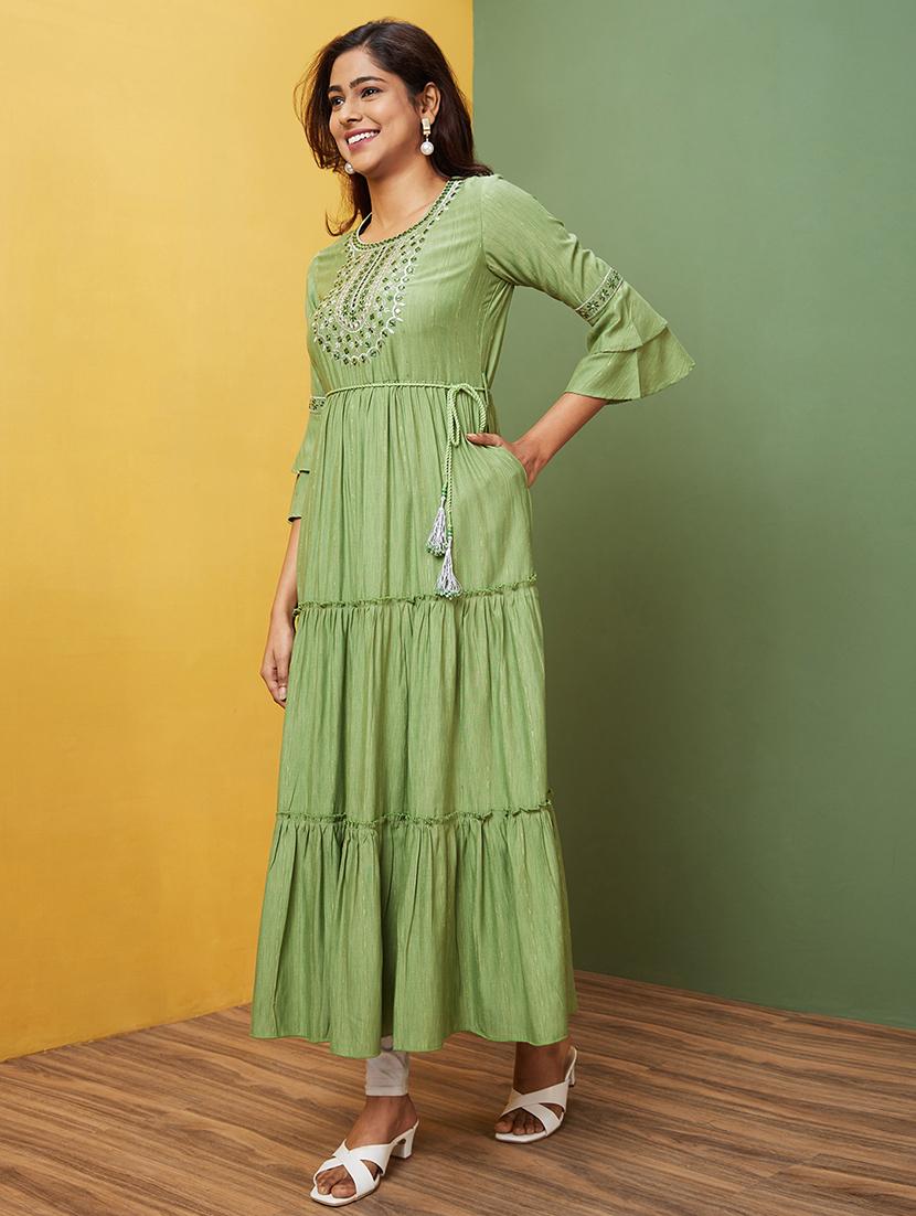 green embroidered tiered kurta - 20755957 -  Standard Image - 1