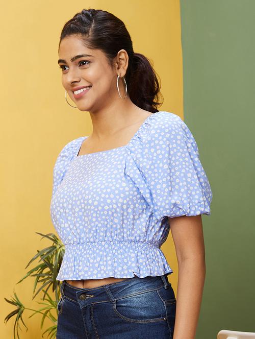 women floral print puff sleeves crop top - 20755971 - Standard Image - 0