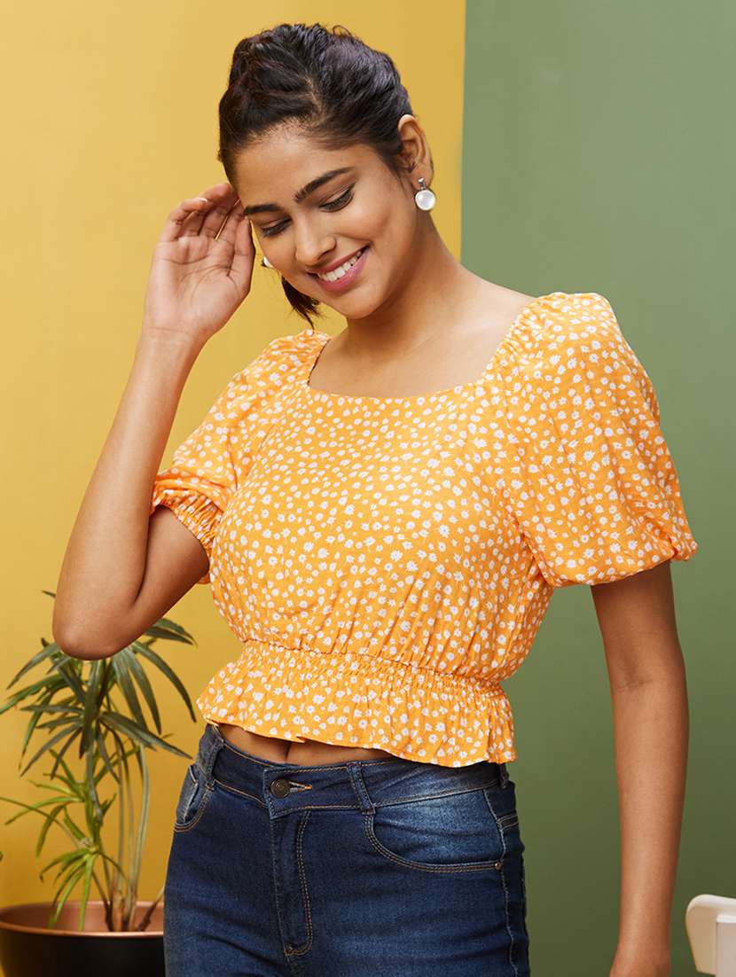 women floral print puff sleeves top
