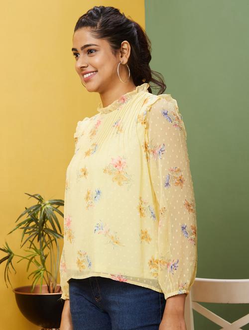 globus women yellow floral print frilled mock neck bishop sleeves georgette top - 20755976 -  Standard Image - 0
