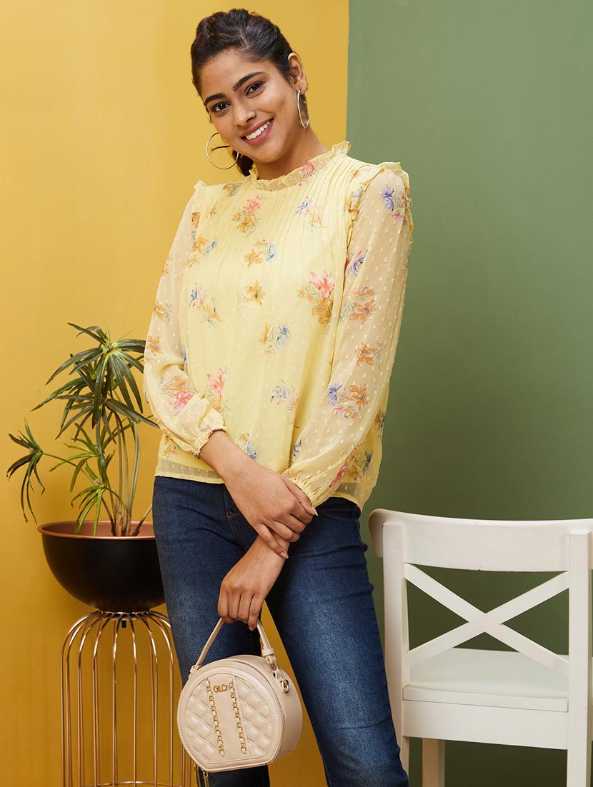 globus women yellow floral print frilled mock neck bishop sleeves georgette top - 20755976 - Standard Image - 1