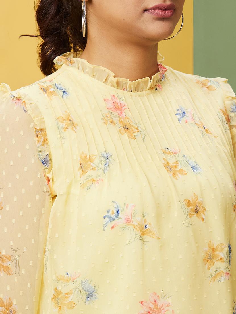 globus women yellow floral print frilled mock neck bishop sleeves georgette top - 20755976 - Standard Image - 4