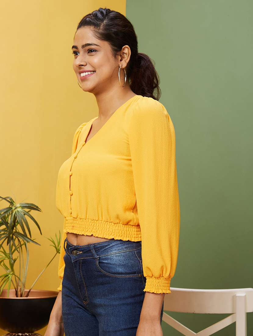 women solid puff sleeves blouson top