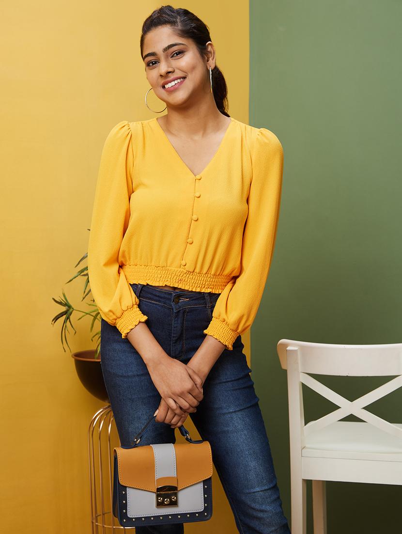 women solid puff sleeves blouson top - 20755978 -  Standard Image - 1
