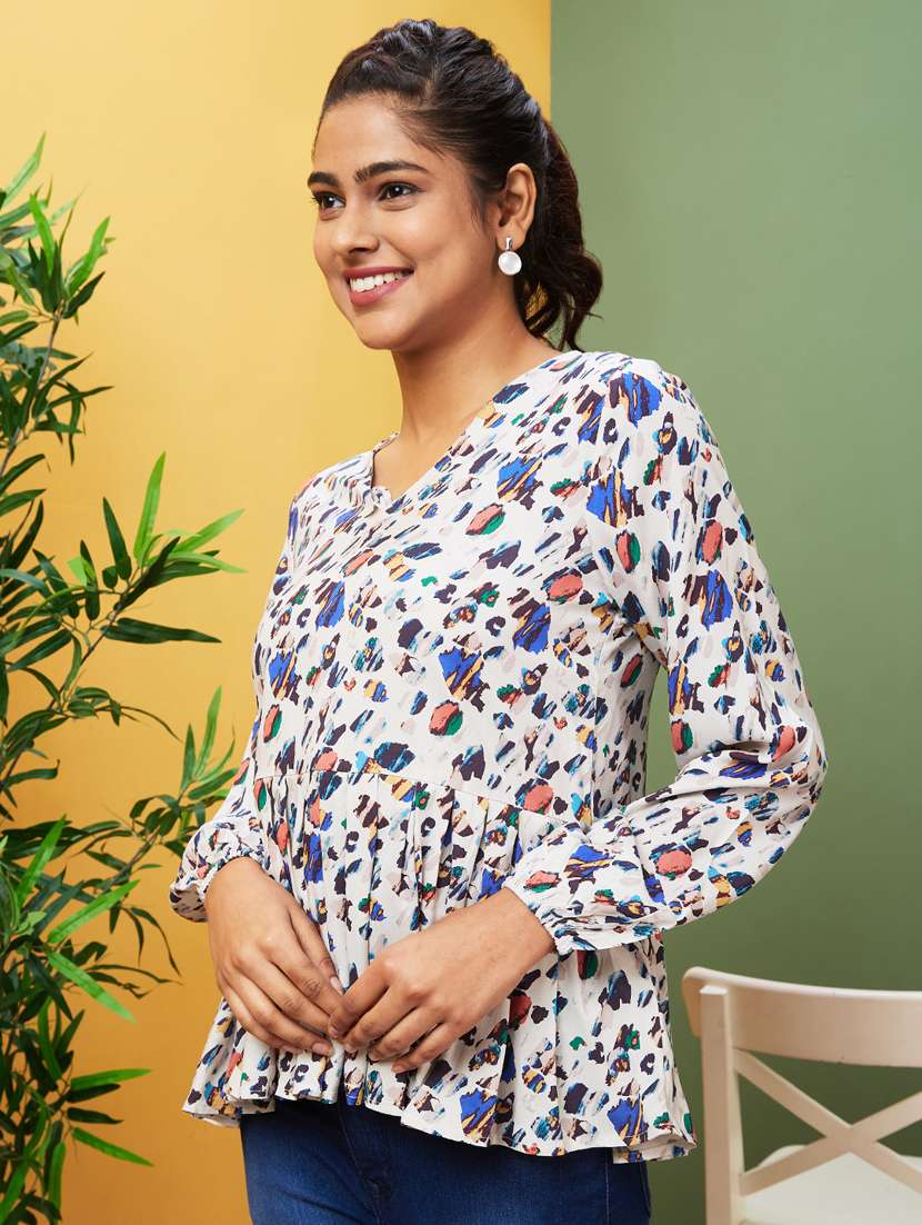 women printed puff sleeves peplum top