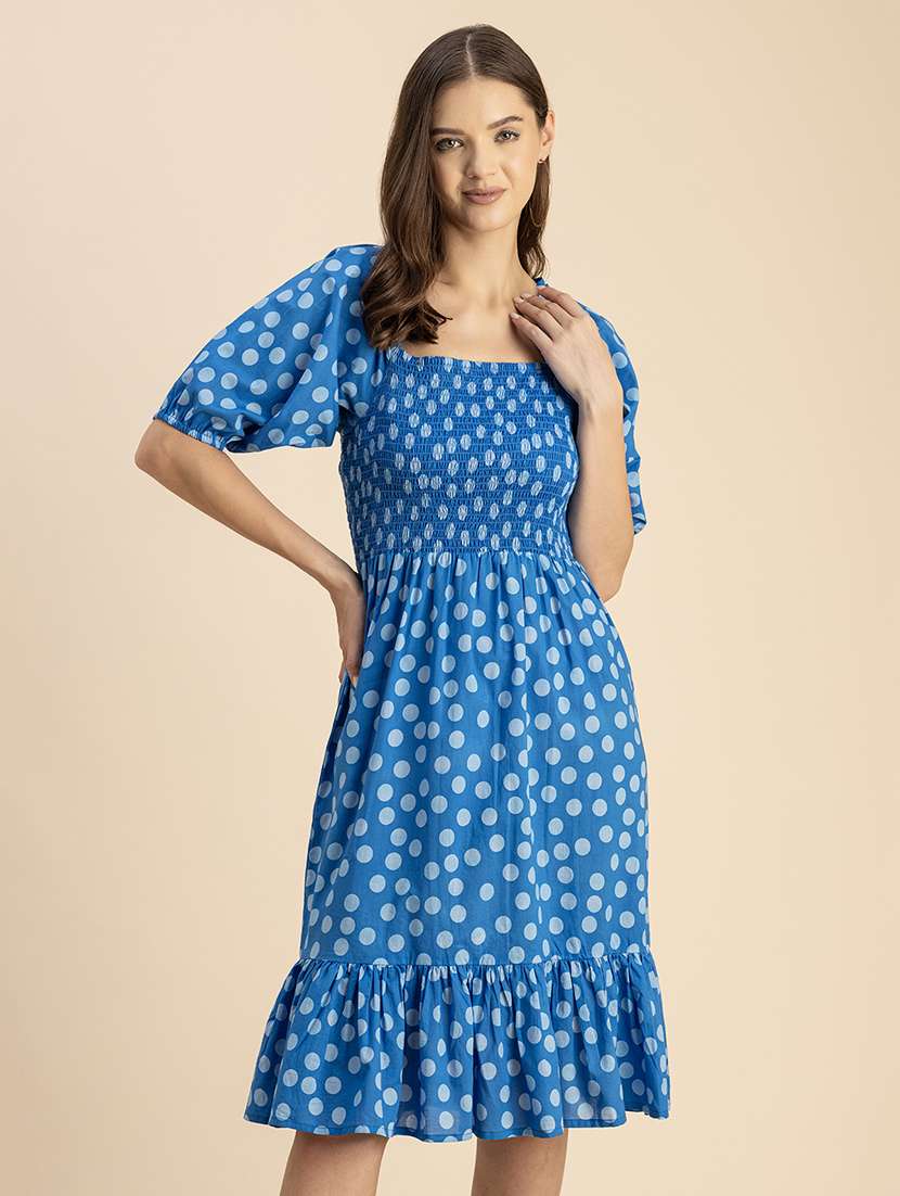 women polka doted puff sleeves tiered dress - 20756099 -  Standard Image - 1
