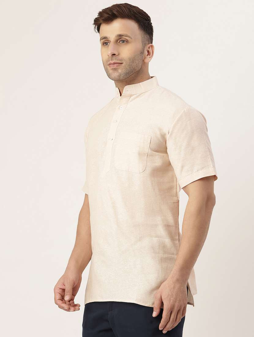 solid beige mandarin collar short kurta - 20756132 - Standard Image - 1