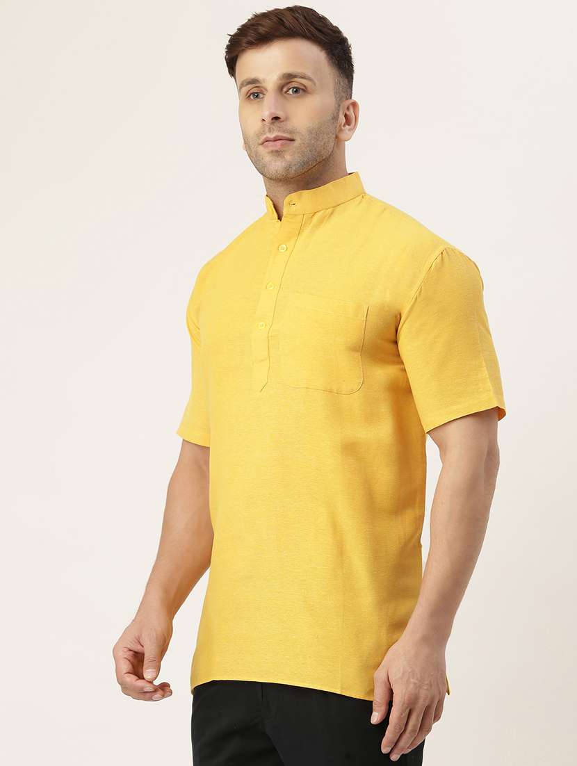 solid yellow mandarin collar short kurta - 20756139 - Standard Image - 1