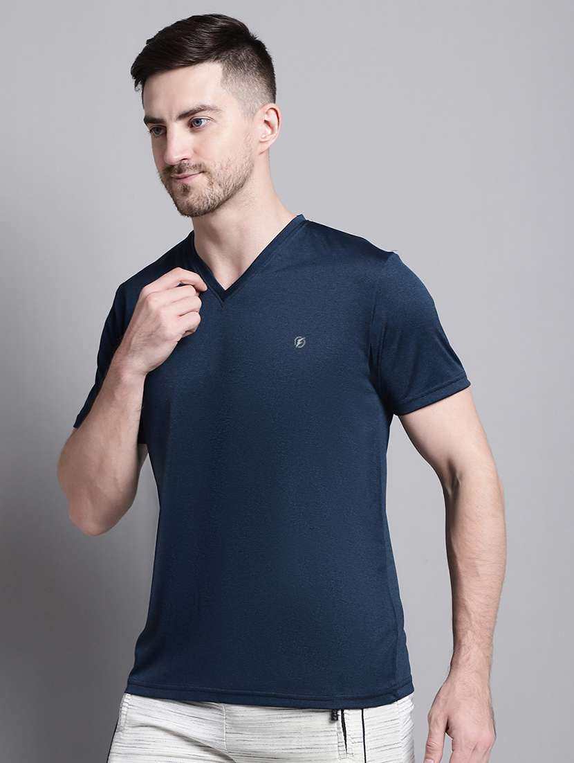 men navy blue slim fit v neck plain t-shirt - 20757343 - Standard Image - 1