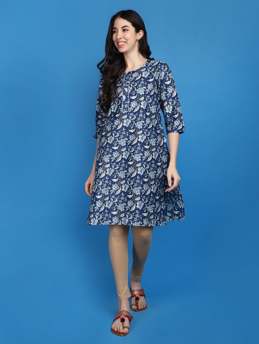 women blue round neck a-line kurta
