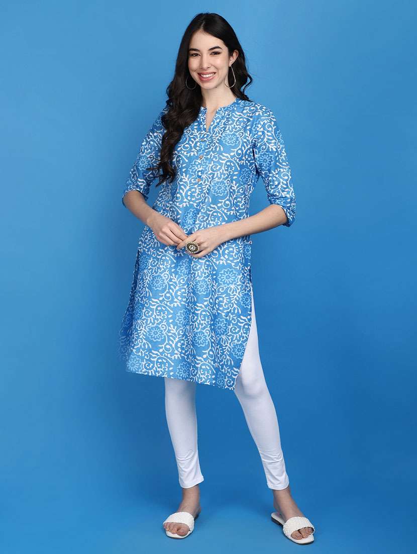 women light blue mandarin neck straight kurta