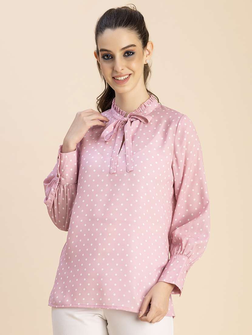women polka doted puff sleeves top