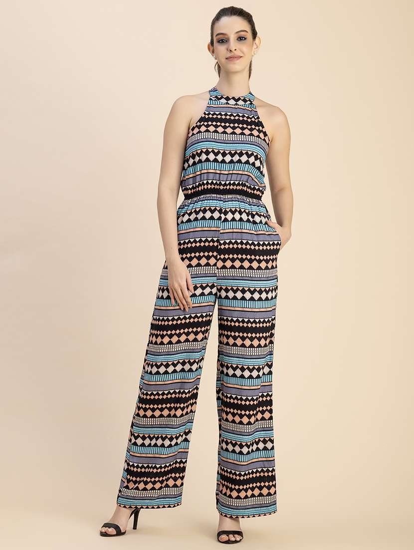 women printed halter neck full leg jumpsuit