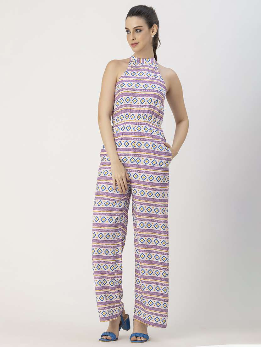 women printed halter neck full leg jumpsuit