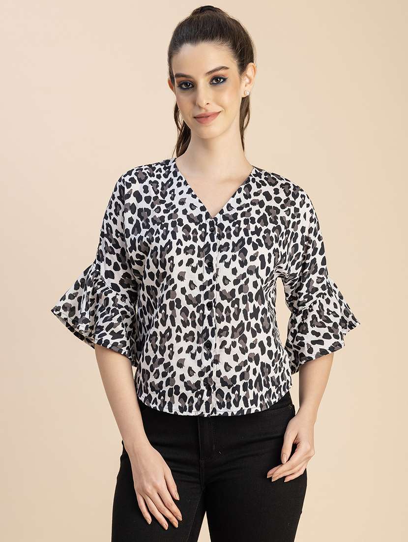 women animal print bell sleeves top