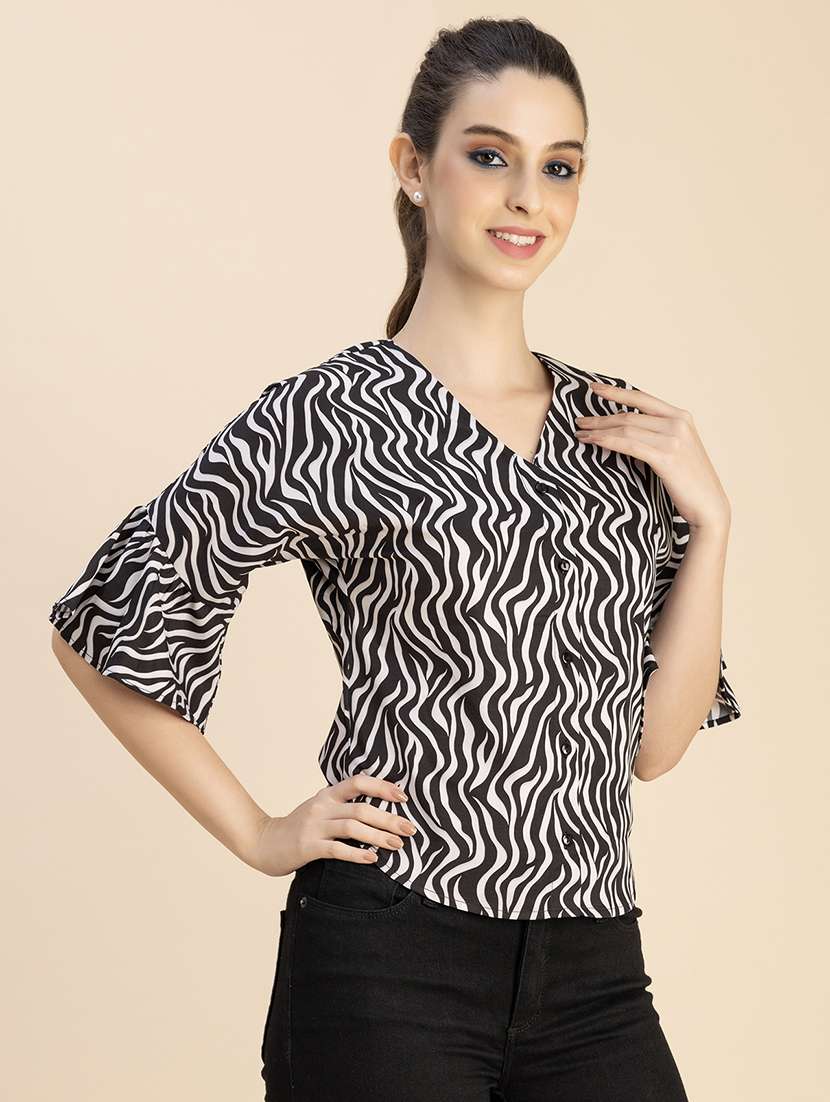 black printed button detailed regular top - 20765935 -  Standard Image - 1