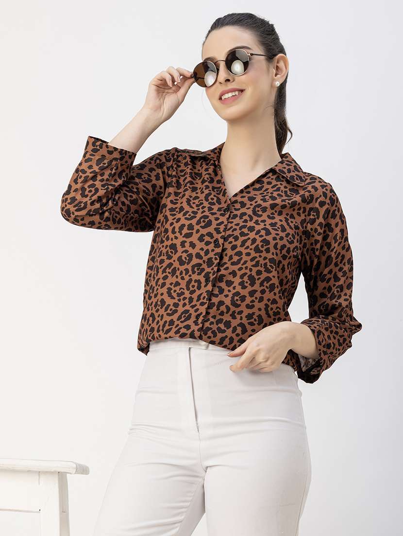 brown poly moss animal print top - 20765952 -  Standard Image - 1