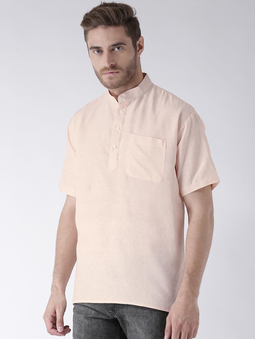 men peach solid short sleeve short kurta - 20766014 - Standard Image - 1