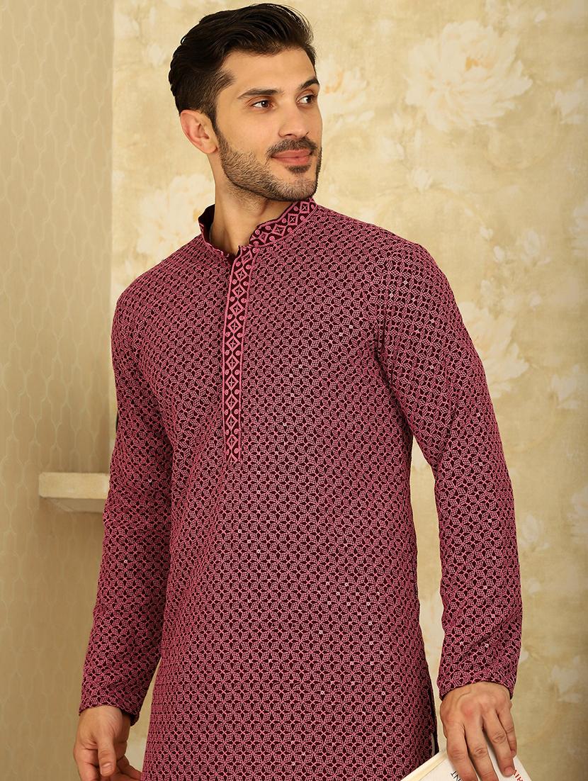 mandarin neck embroidered kurta - 20766344 - Standard Image - 4