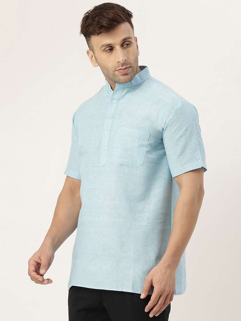 light blue cotton blend short kurta - 20766888 - Standard Image - 1
