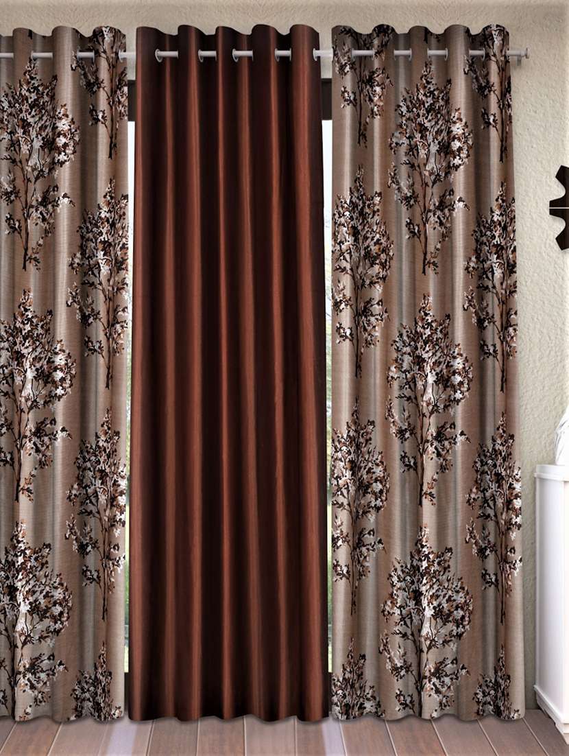 fashion string 3 pieces floral blossoms eyelet polyester door curtains - 7 feet, brown