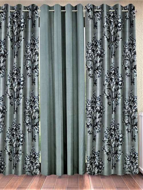 fashion string 3 pieces floral blossoms eyelet polyester door curtains - 7 feet, grey - 20766915 -  Standard Image - 0
