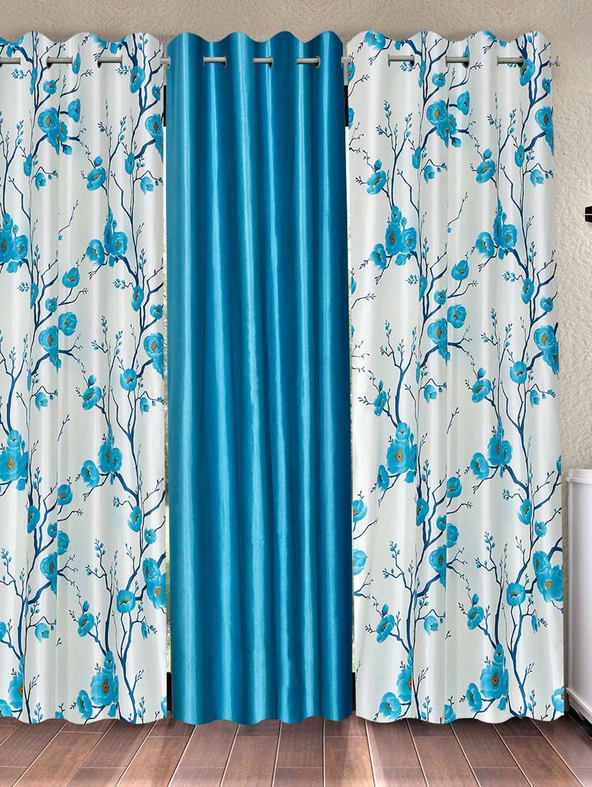 fashion string 3 piece 3d tulips eyelet polyester long door curtains - 9 feet, aqua