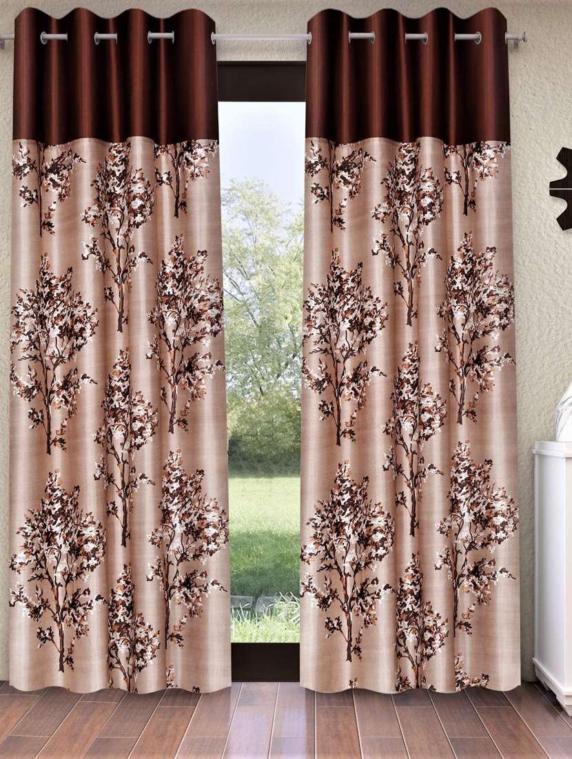 fashion string 2 pieces solid patch floral blossoms eyelet polyester long door curtains - 9 feet, brown