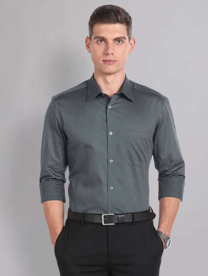 solid grey pocket detailed formal shirt