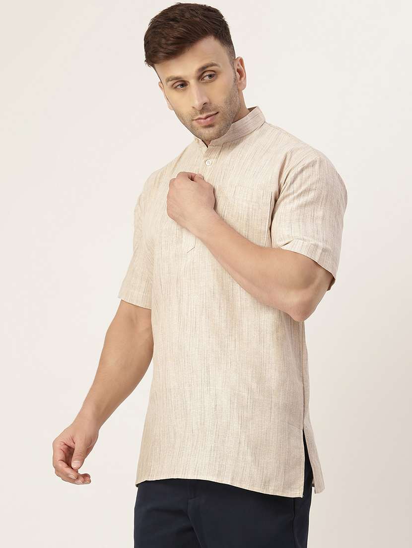 men mandarin neck cotton blend short kurta - 20766978 - Standard Image - 1