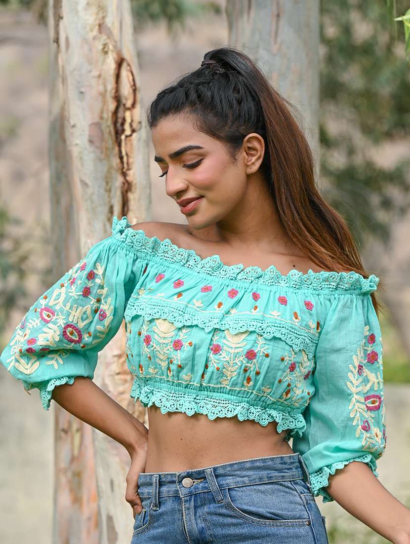 women sea green embroidered crop top