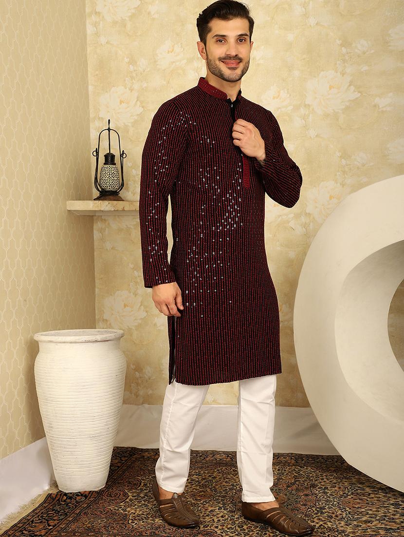 men's sequins chikankari embroidered kurta with pyjama - 20767170 - Standard Image - 1