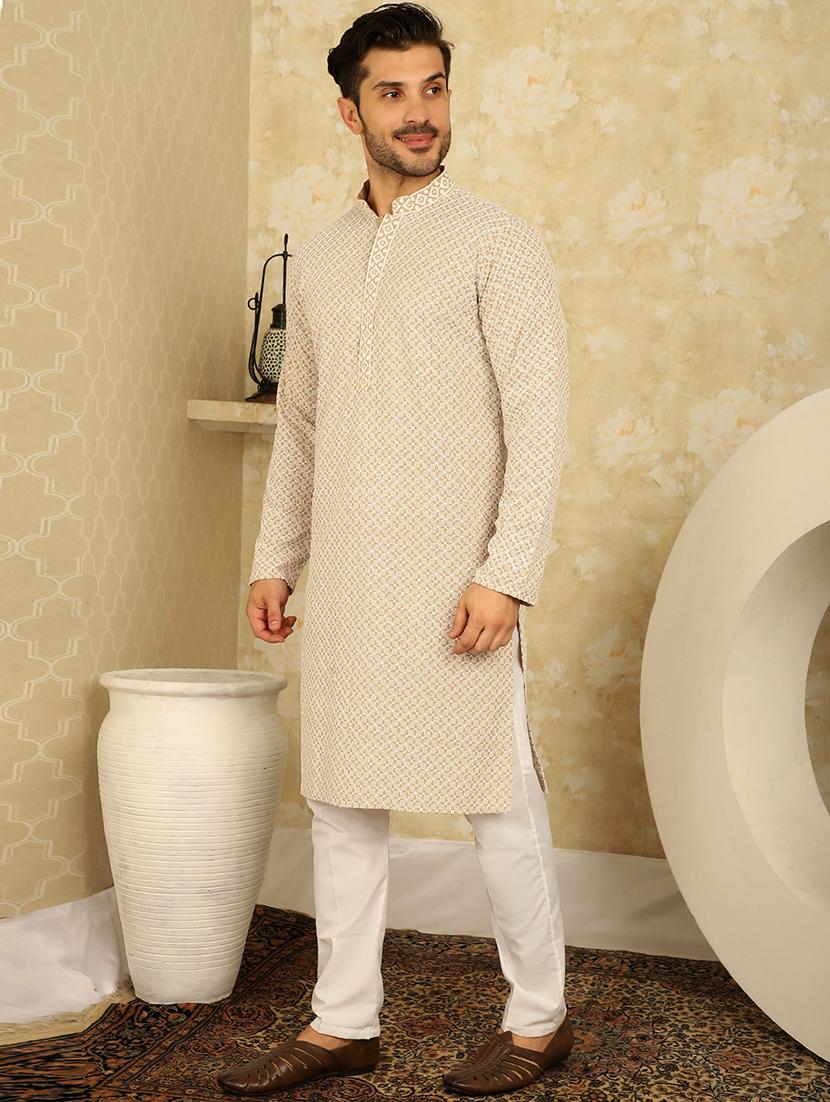 men mandarin neck embroidered kurta pyjama ethnic wear set - 20767185 - Standard Image - 1