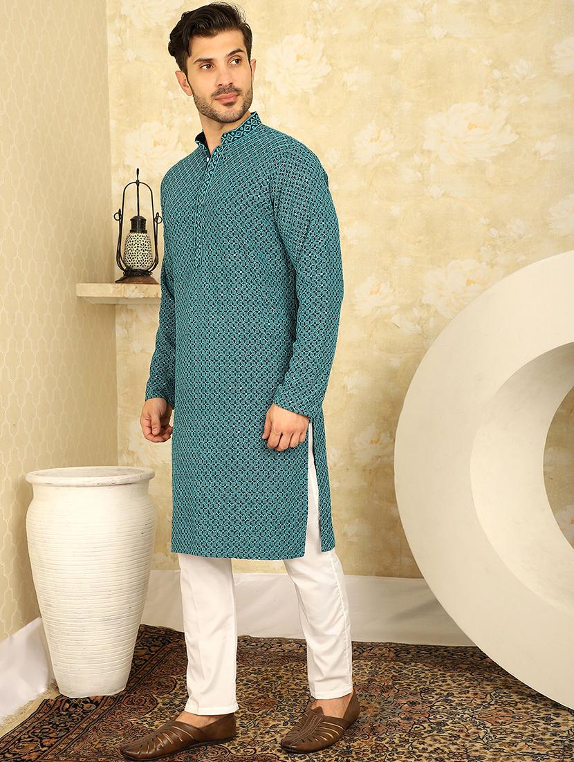 men green embroidered kurta pyjama ethnic wear set - 20767186 - Standard Image - 1