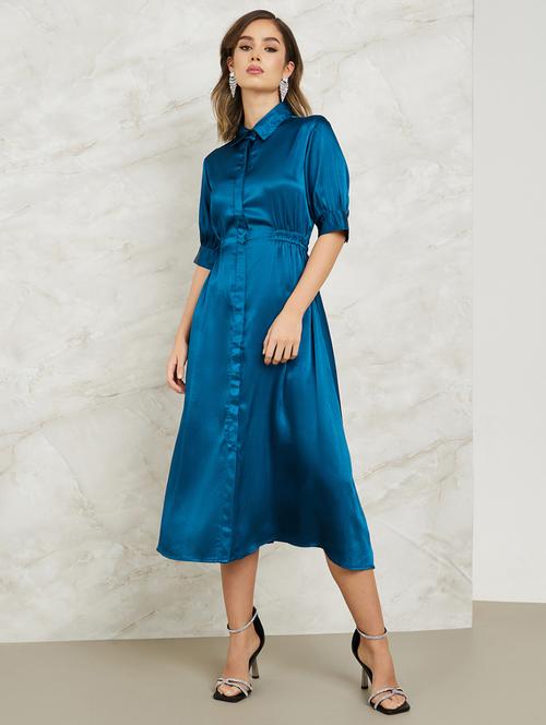 women teal solid a-line  shirt dress - 20767217 -  Standard Image - 0