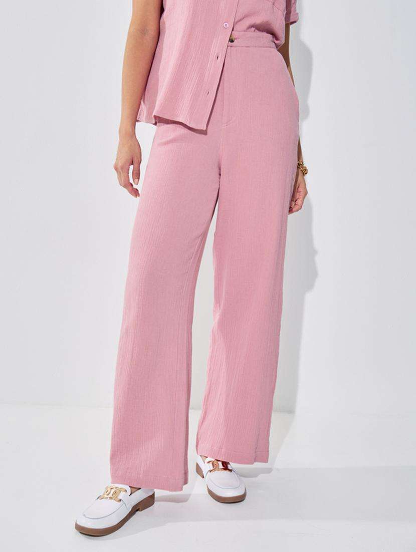 women mid-rise solid wide legtrouser