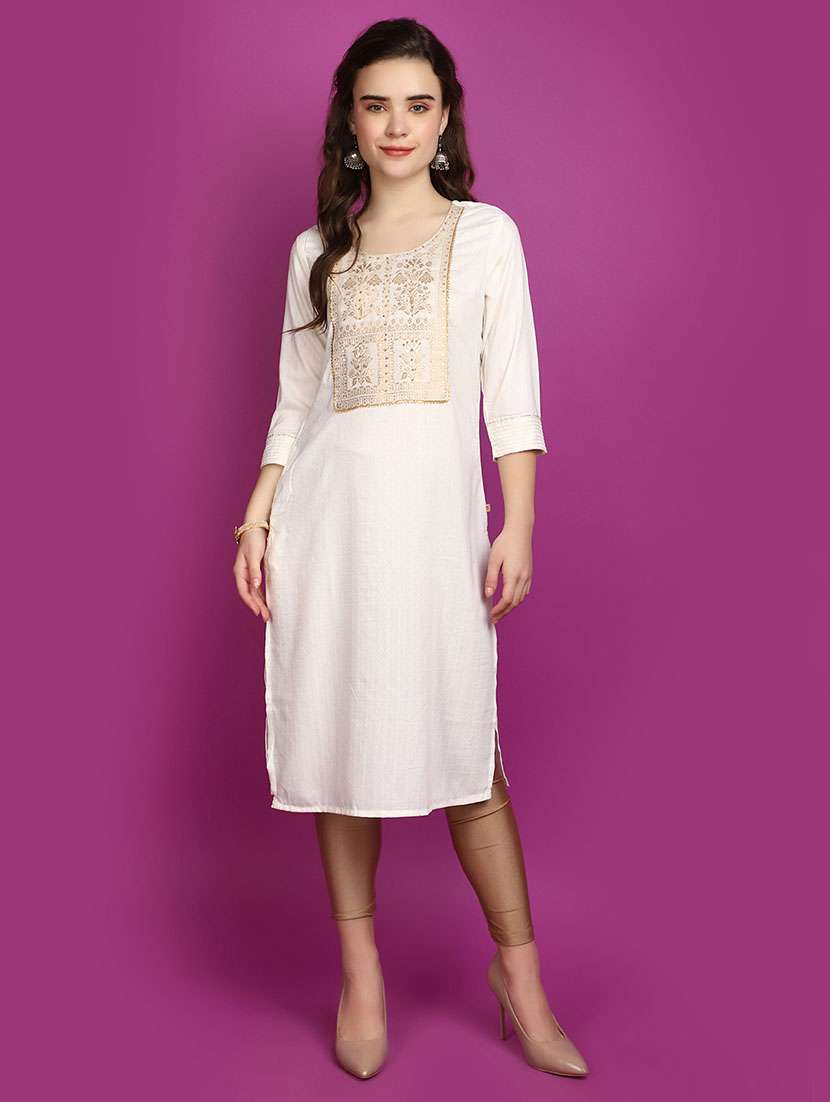 women white round neck straight kurta