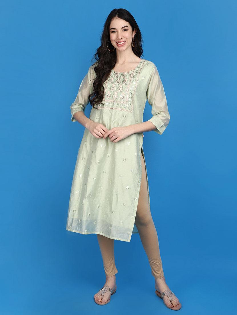 women green round neck straight kurta - 20767425 - Zoom Image - 0
